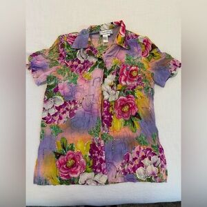 Vintage Diane Gilman Floral Pink Purple Sequin Silk Button Down Blouse Medium